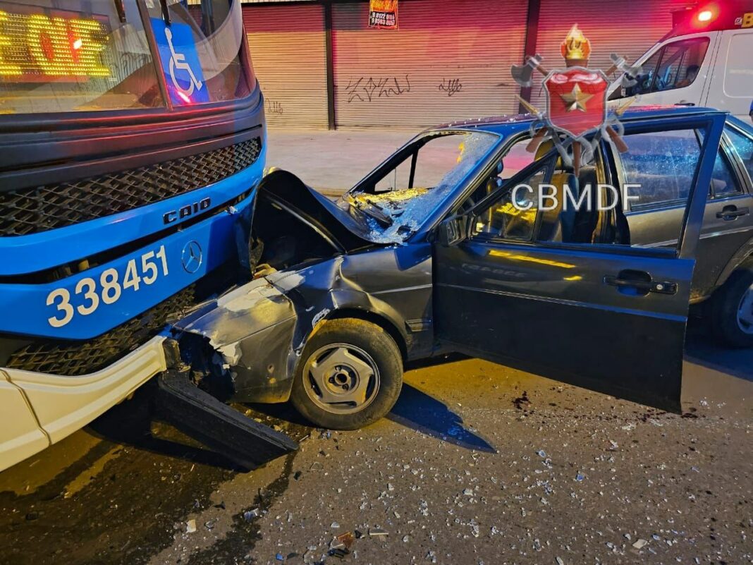 Duas pessoas ficam feridas após colisão envolvendo carro e ônibus no Recanto das Emas